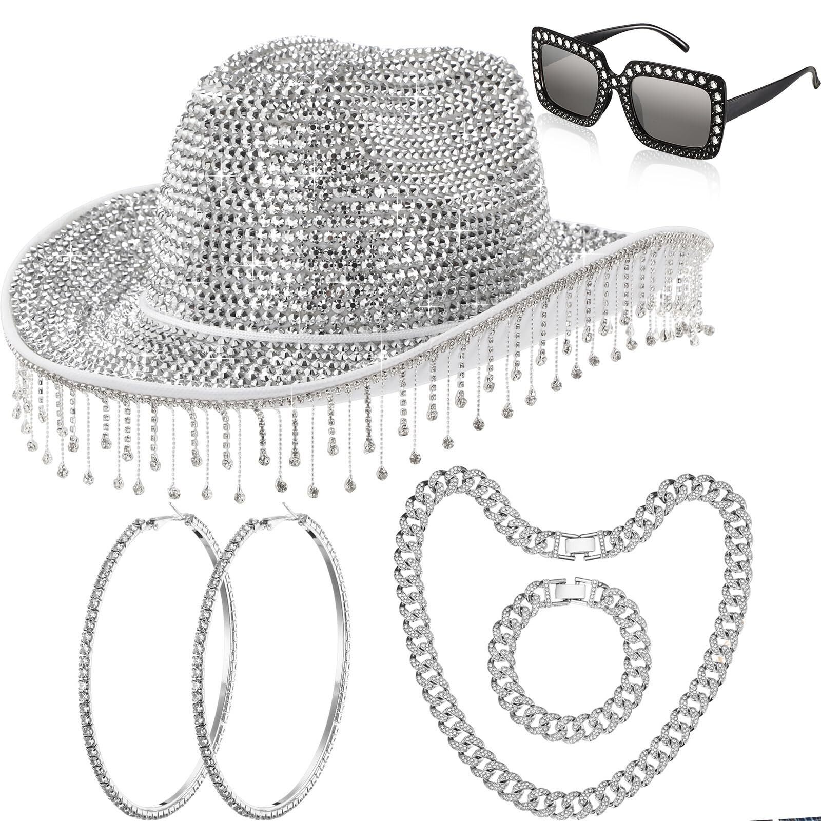 9566 6 Pcs Rhinestone Cowboy Hat Cowgirl Outfit For Women With Silver Bling